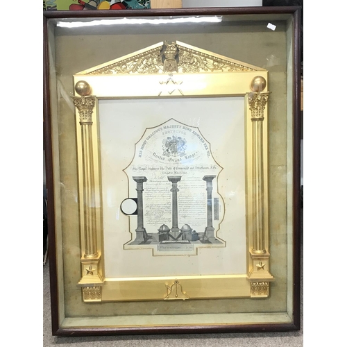 852 - Framed and glazed Masonic Edwardian certificate housed in a gilt work frame, case dimension size 68 ... 