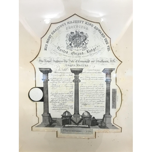 852 - Framed and glazed Masonic Edwardian certificate housed in a gilt work frame, case dimension size 68 ... 