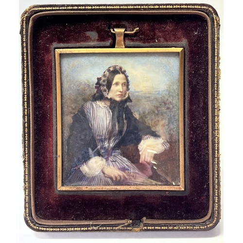 853 - A Victorian gilt framed miniature portrait painting of a seated lady, 8.2cm x 7.3cm, with partial le... 