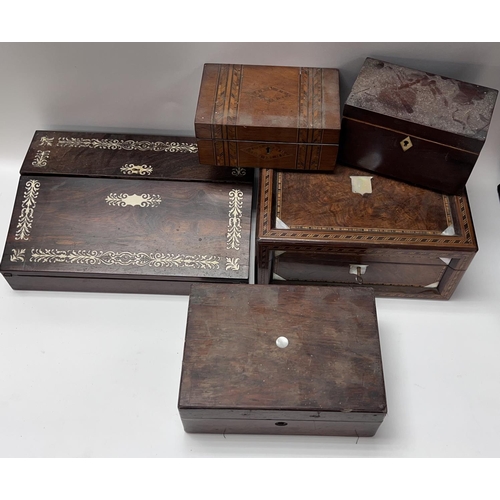 868 - A good collection of boxes including a folding writing slope, parqutrey inlaid box etc. (5).