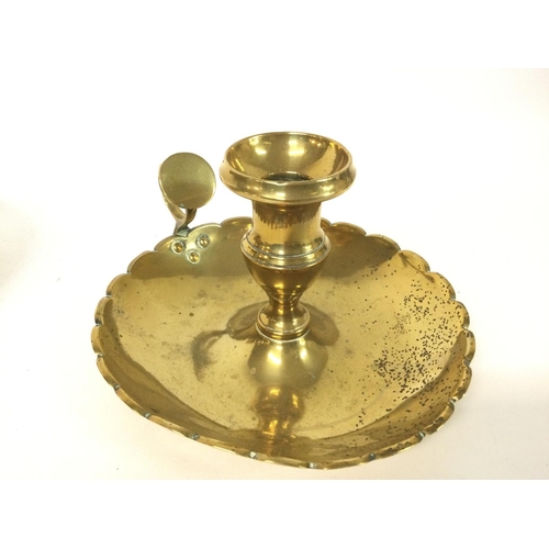 871 - Dixon & Sons copper powder flask, brass candlestick holder & a bronze bowl.