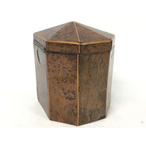 874 - A George III burr yew-wood Tea Caddy of octagonal form with a hinge lid and boxwood lines, with key.... 