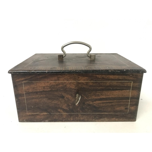 892 - A vintage simulated rosewood metal cash box with key 18x25x12cm