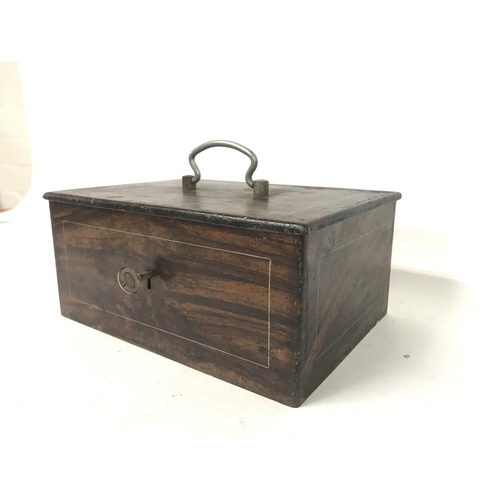 892 - A vintage simulated rosewood metal cash box with key 18x25x12cm