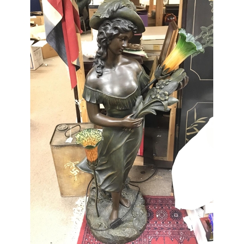 900 - Electric large cast resin Art Nouveau lamp figure with a spare shade, approximately 110cm tall. (D)