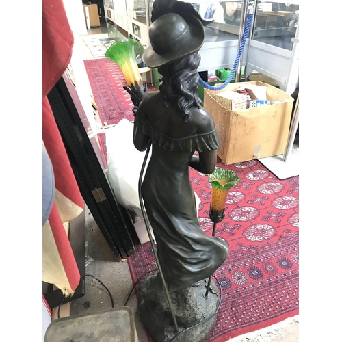 900 - Electric large cast resin Art Nouveau lamp figure with a spare shade, approximately 110cm tall. (D)