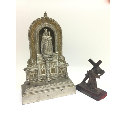 904 - A spelter figure of Christ together with a white metal shrine, approx height of shrine 30cm. Shippin... 