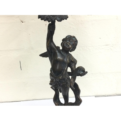 911 - Bronze cherub oil lamp lamp signed Sacha Pan with a ruby red glass reservoir and a ruby glass shade.... 