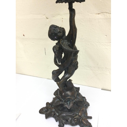 911 - Bronze cherub oil lamp lamp signed Sacha Pan with a ruby red glass reservoir and a ruby glass shade.... 