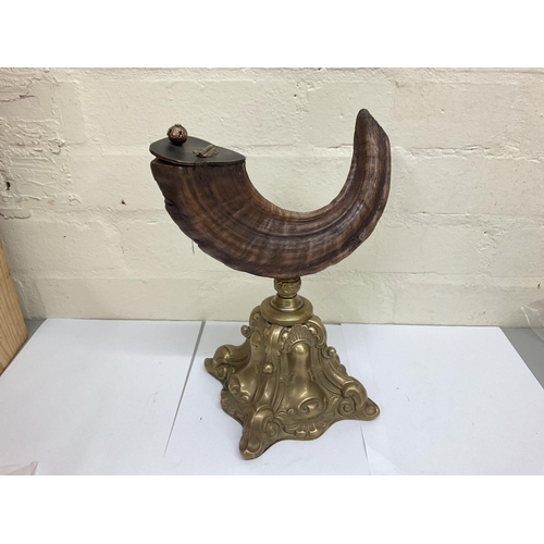 913 - Rams horn snuff mull on Gilt metal base, approximately 30cm tall.