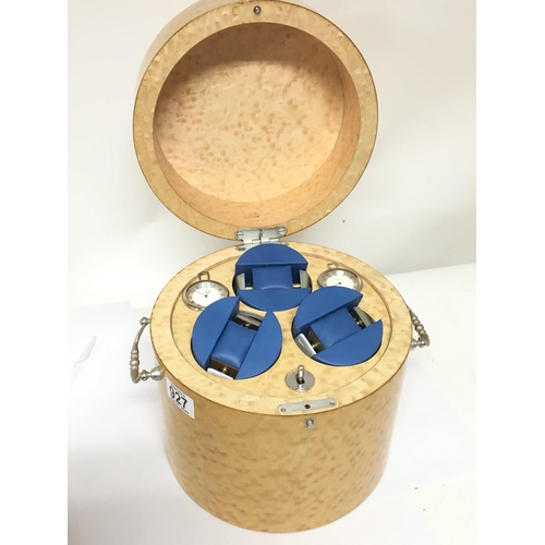 927 - A Quality Asprey burr maple watch winding box with three sections the circular case enclosing duel S... 