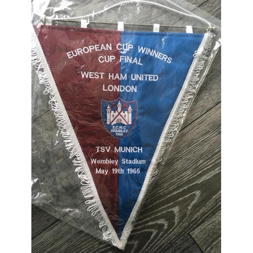 1088 - West Ham 1965 ECWC Final Pennant + Signed Shirt: Very large padded pennant with match details of the... 