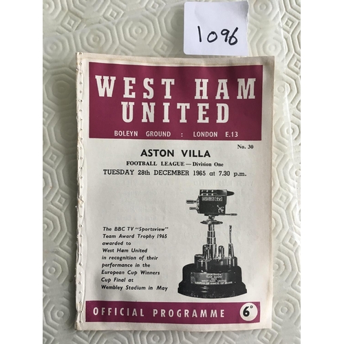 1096 - 65/66 West Ham v Aston Villa Postponed Football Programme: Rare Programme dated 28 12 1965, is ex bo... 