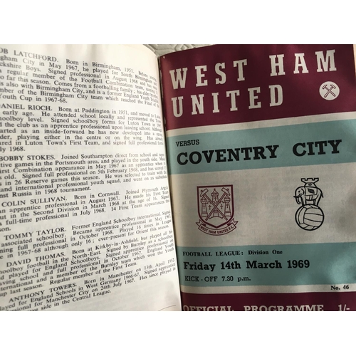 1097 - 68/69 West Ham Bound Volume Of Football Programmes: Front having the name WF Cearns and West Ham Uni... 