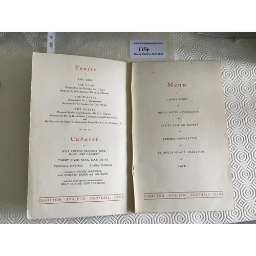 114 - Charlton 1946 FA Cup Final Football Menu: Held at the Cafe Royal on the evening of the Cup Final. Si... 