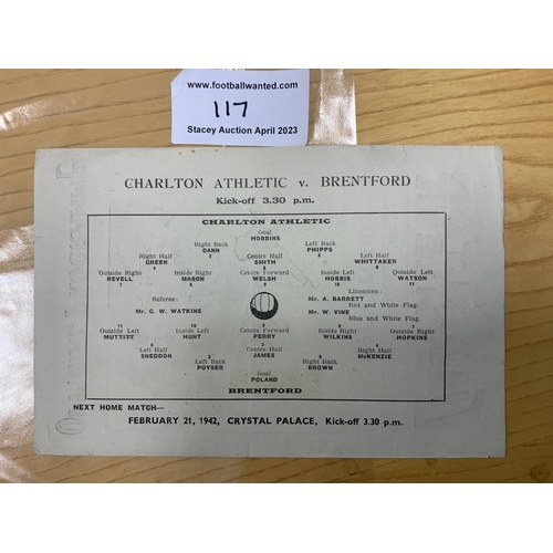 117 - 41/42 Charlton v Brentford Football Programme: Excellent condition single sheet with no team changes... 