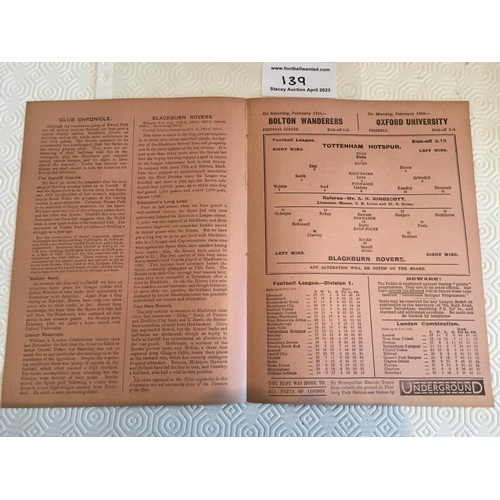 139 - 1922/1923 Tottenham v Blackburn Rovers Football Programme: Ex bound division one programme in excell... 