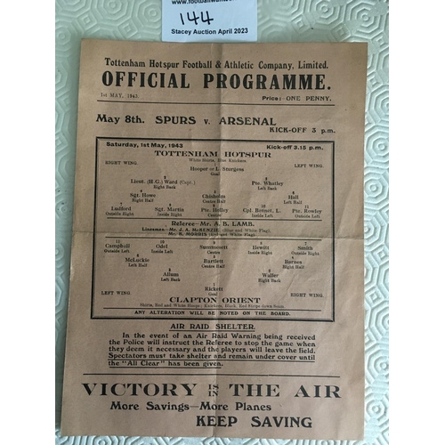 144 - 42/43 Tottenham v Clapton Orient Football Programme: Good condition single sheet dated 1 5 1943 with... 