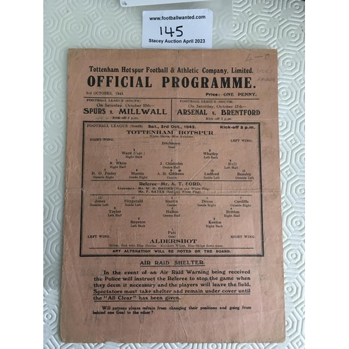 145 - 42/43 Tottenham v Aldershot Football Programme: Fair condition single sheet league match with no tea... 