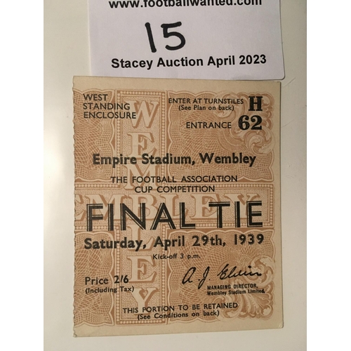 15 - 1939 FA Cup Final Programme Ticket + Memorabilia: Portsmouth v Wolves programme, ticket, song sheet ... 