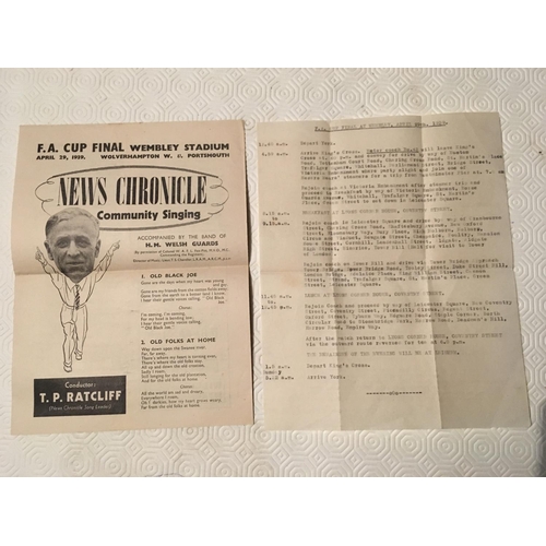 15 - 1939 FA Cup Final Programme Ticket + Memorabilia: Portsmouth v Wolves programme, ticket, song sheet ... 