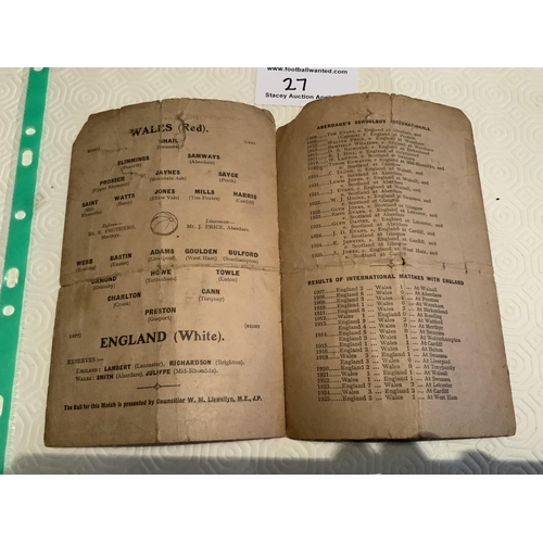 27 - 1926 Wales v England Schools Football Programme: Played at Aberdare in poor condition with no team c... 