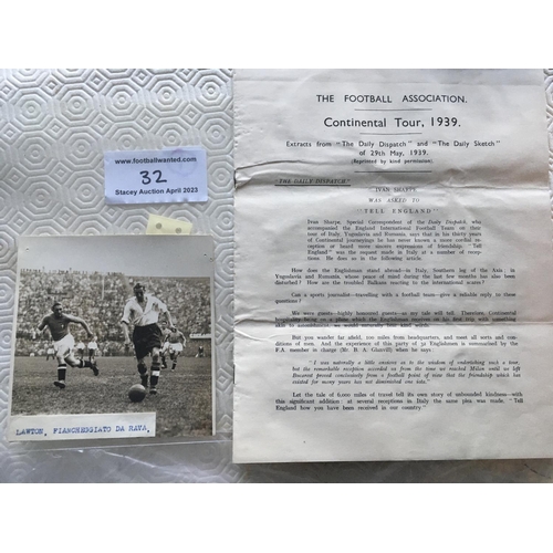 32 - 1939 England Player Football Tour Itineraries: Incredibly rare tour of Rumania in excellent conditio... 