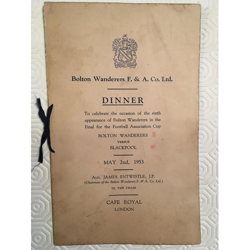 9 - 1953 FA Cup Final Signed Football Menu: Famous Blackpool v Bolton final. Bolton dinner menu the form... 