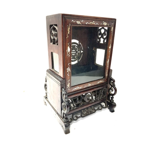 110 - A 19thC Chinese rosewood table cabinet with mother of pearl Buddhist symbol inlay. 29.5cm x 19cm