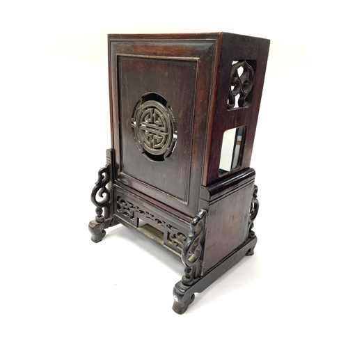 110 - A 19thC Chinese rosewood table cabinet with mother of pearl Buddhist symbol inlay. 29.5cm x 19cm