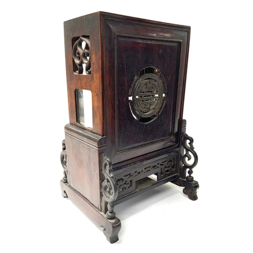 110 - A 19thC Chinese rosewood table cabinet with mother of pearl Buddhist symbol inlay. 29.5cm x 19cm