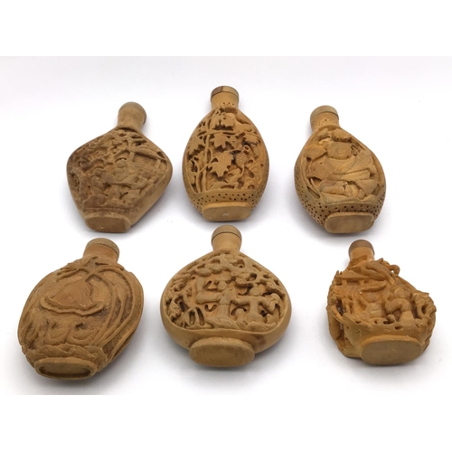 14 - A selection (6) of boxwood carved snuff bottles, variation on subjects. 5.8cm - 7.5cm.