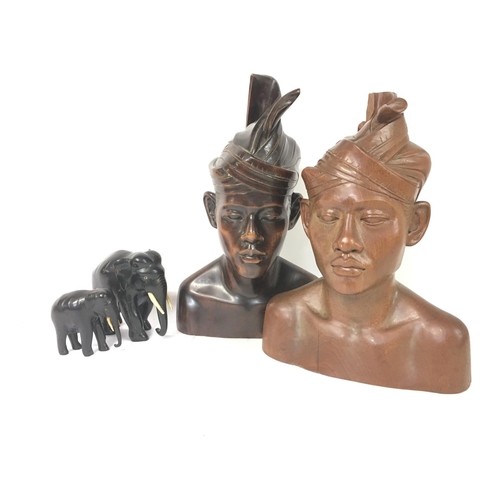 152 - Indonesian carved busts (approximately 35cm tall) and ebony elephants (15 & 9cm tall) NO RESERVE