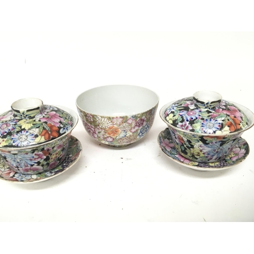 187 - Three examples of 19th century Chinese export porcelain profusely decorated with flowers blossom and... 