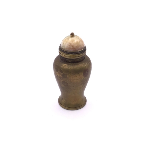 19 - An early 20thC Chinese Bronze snuff bottle with engraved apple blossom decoration, signature panel t... 