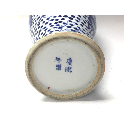 197 - A Chinese blue and white green porcelain vase with hand painted decoration, 4 character mark to the ... 