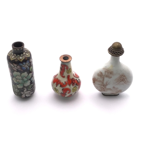 21 - 3 Chinese enamel on copper snuff bottles.