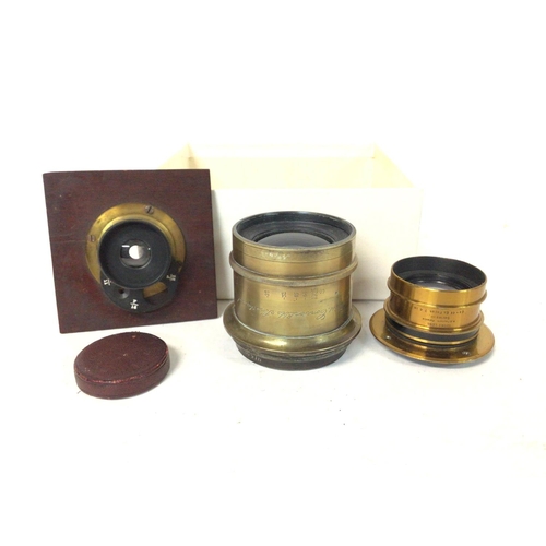 1321 - 3 brass bound plate camera lenses: Ross/ Zeiss converter Anstigmat 19 3/4 in 16 1/2 in, Cooke lens T... 