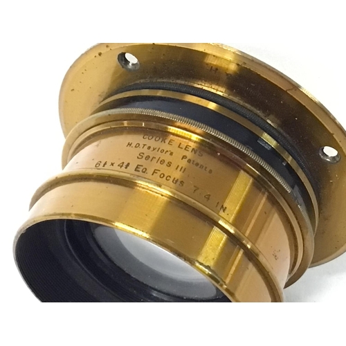 1321 - 3 brass bound plate camera lenses: Ross/ Zeiss converter Anstigmat 19 3/4 in 16 1/2 in, Cooke lens T... 