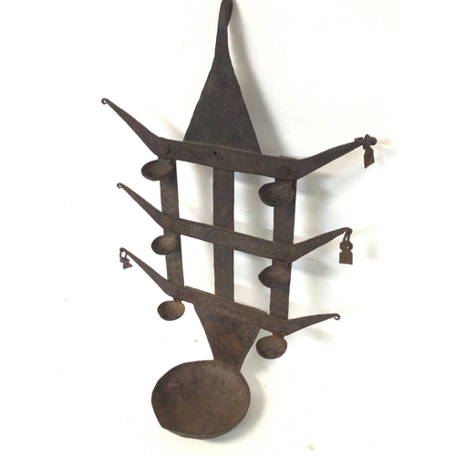 1329 - Wrought iron benin lamp, 54cm tall.