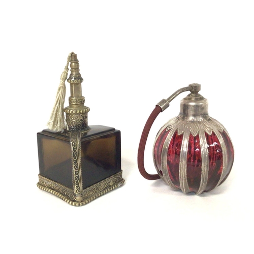 1349 - Unusual perfume bottles and a small decorative silver plated trowel with wooden handle. Postage cat ... 