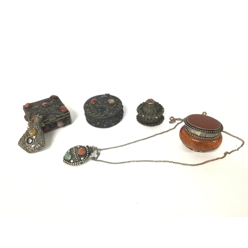 1352 - Three decorated pin boxes, two similar scent bottles and an unusual small metal and glass lidded box... 