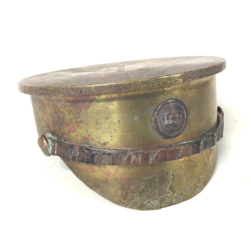 2167 - WW1 British Trench Art 1915 Dated Shell made to resemble a German field cap.