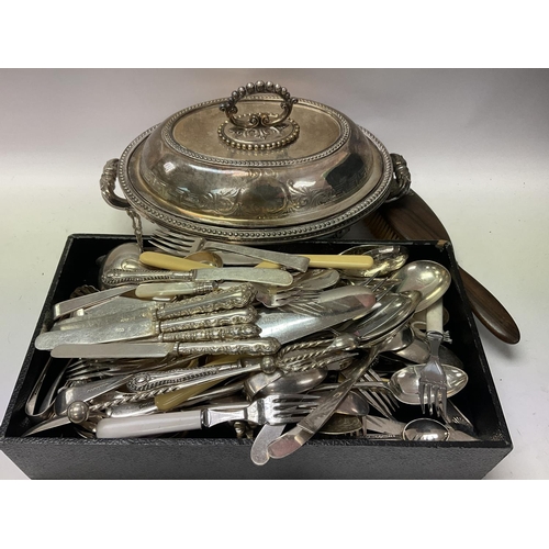 2494 - A collection of mixed silver plated cutlery including a silver plated chaffing dish.