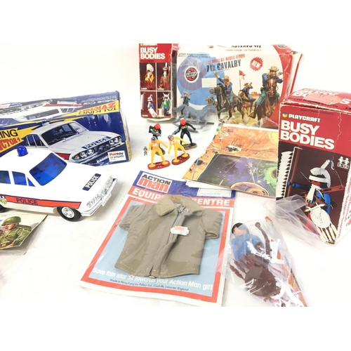 998 - A Collection of Boxed Busy Bodies. A Talking Palitoy Police Car. Plastic Toy soldiers etc.