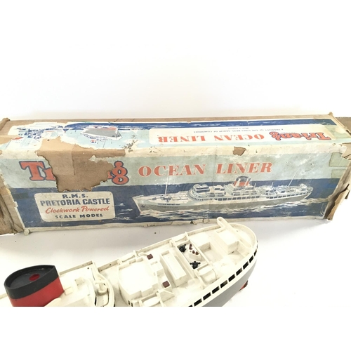 179 - A Tri-any clockwork powered ocean liner with box (worn).