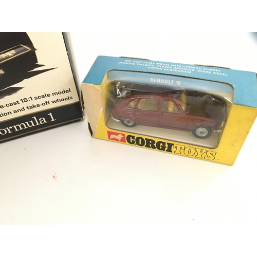 182 - A Boxed Corgi Renault 16 #260. A Corgi Lotus F1 #190. A Dinky De Tomaso Mangusta. A Corgi Jaguar E T... 