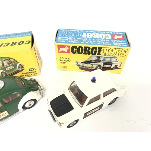 210 - A Boxed Corgi Hillman IMP #251. A Volkswagen European Police Car #492 and. police Panda IMP #506.