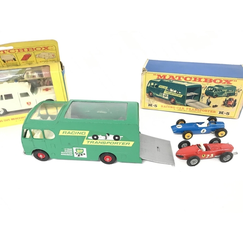 215 - A Boxed Matchbox King Size Mercedes Benz Binz Ambulance # K-6 and a Racing Car Transporter # K-5.