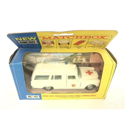 215 - A Boxed Matchbox King Size Mercedes Benz Binz Ambulance # K-6 and a Racing Car Transporter # K-5.